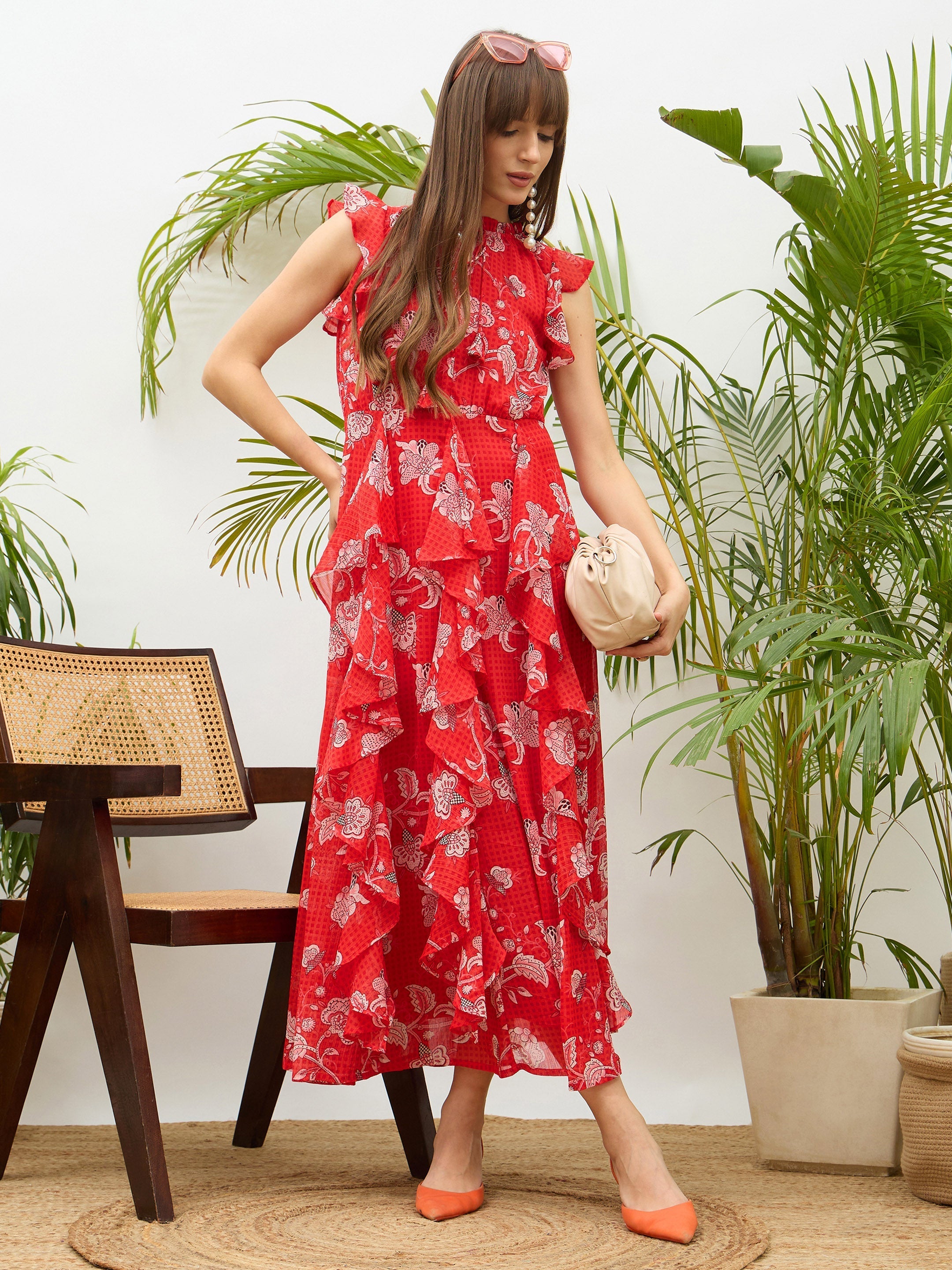 Women Red Floral Front Ruffle Detail Maxi Dress-SFDRSS13179