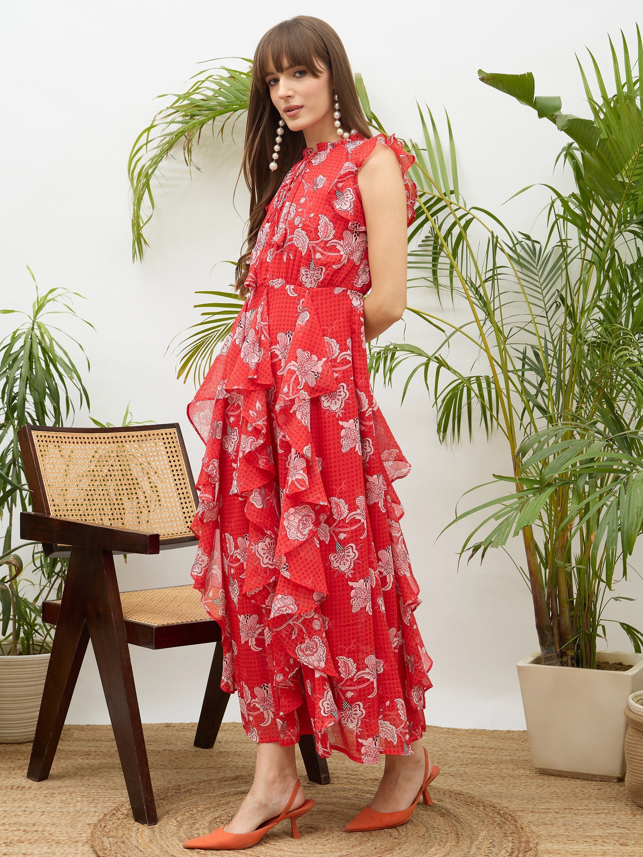 Women Red Floral Front Ruffle Detail Maxi Dress-SFDRSS13179