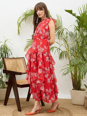 Women Red Floral Front Ruffle Detail Maxi Dress-SFDRSS13179
