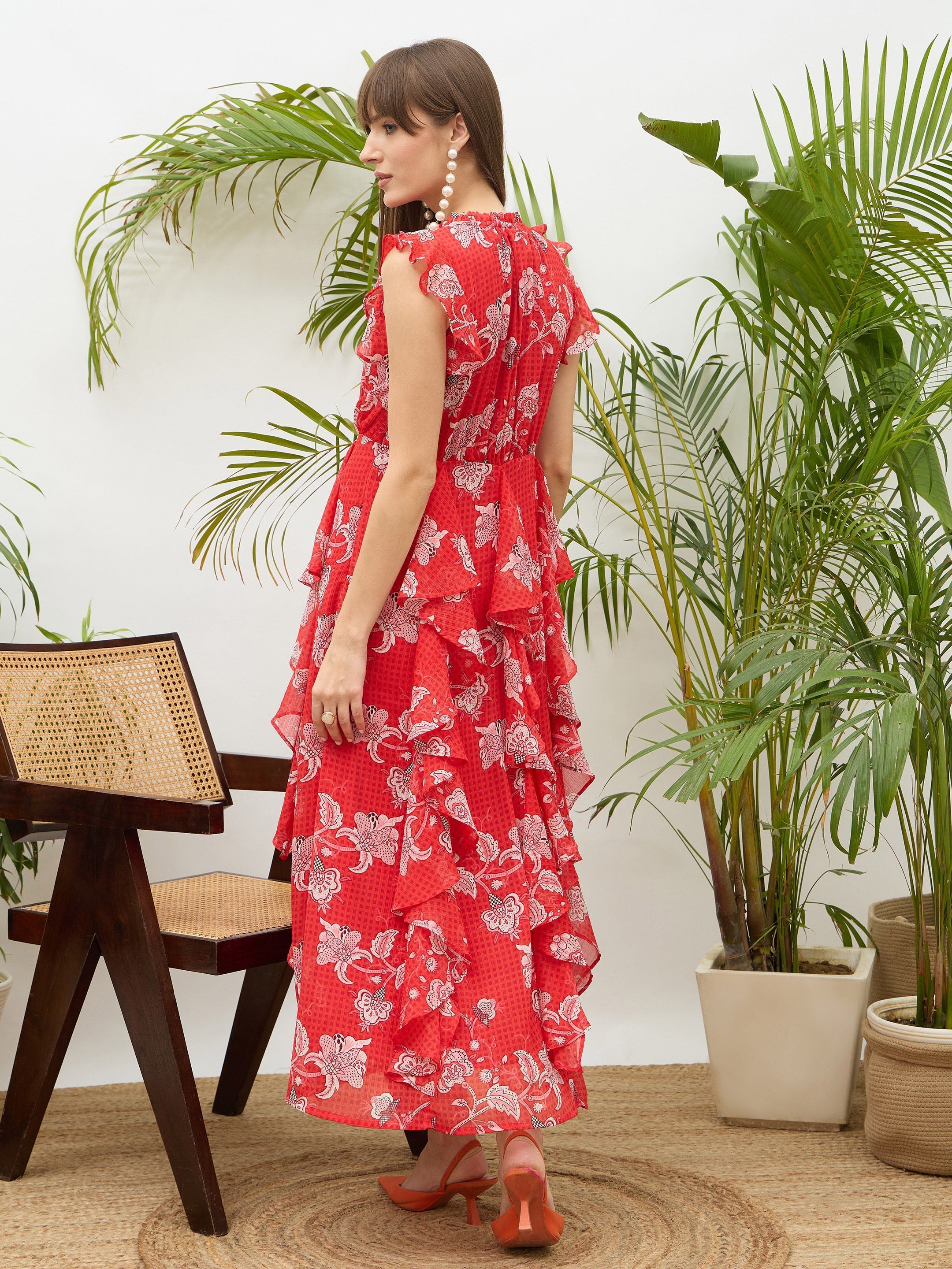 Women Red Floral Front Ruffle Detail Maxi Dress-SFDRSS13179