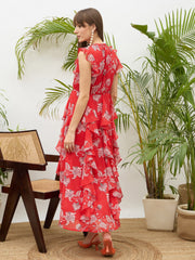 Women Red Floral Front Ruffle Detail Maxi Dress-SFDRSS13179