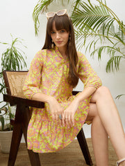 Women Neon Green Paisley Button Down Short Dress-SFDRSS13180