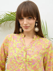 Women Neon Green Paisley Button Down Short Dress-SFDRSS13180