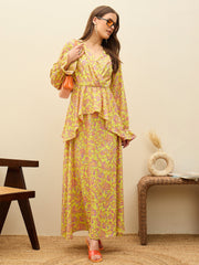 Women Neon Green Paisley Peplum Maxi Dress-SFDRSS13181