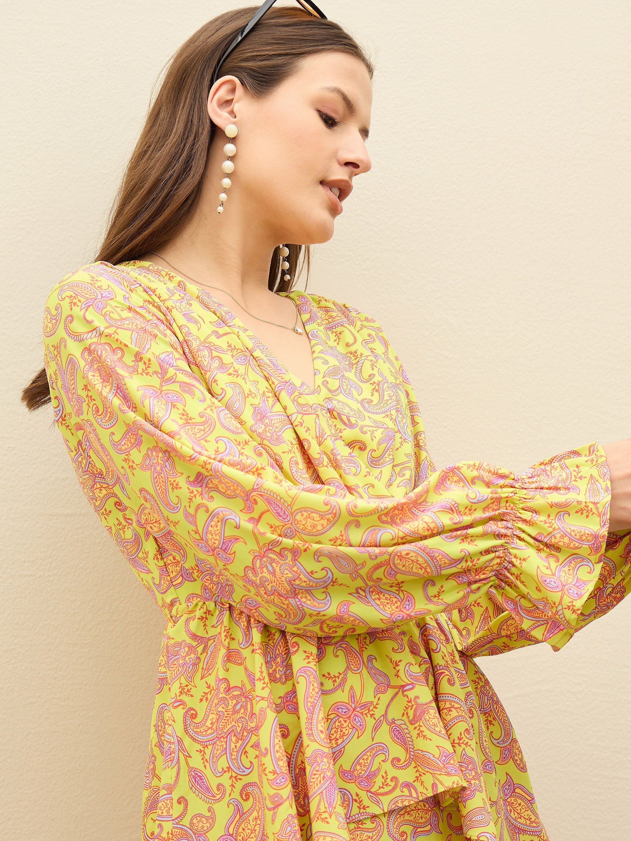 Women Neon Green Paisley Peplum Maxi Dress-SFDRSS13181