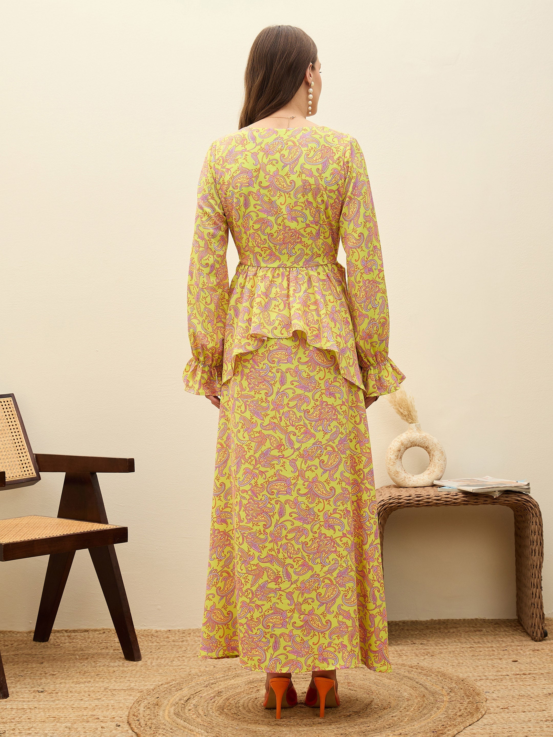 Women Neon Green Paisley Peplum Maxi Dress-SFDRSS13181