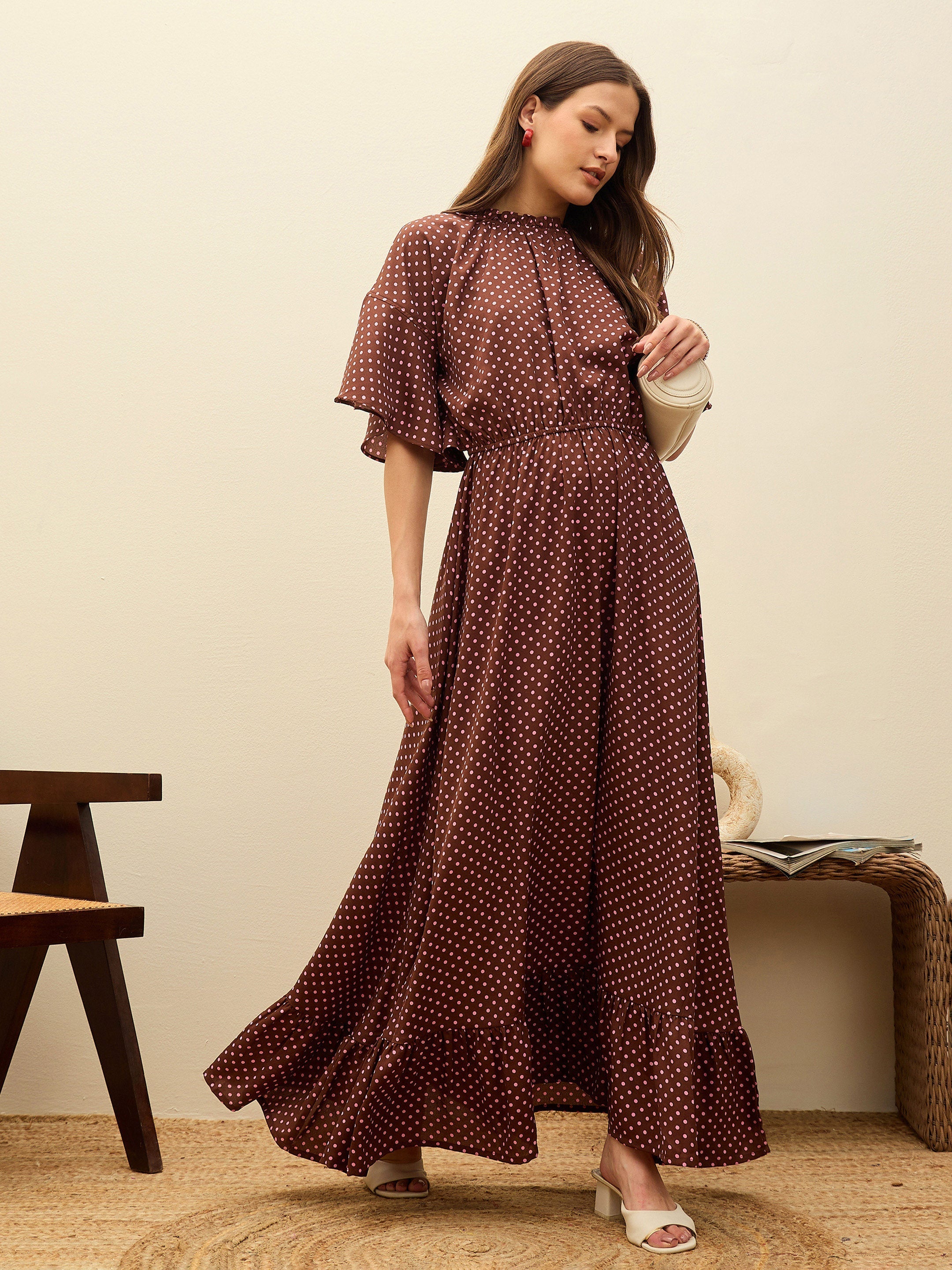 Women Brown Polka Dot Flared Hem Maxi Dress-SFDRSS13182