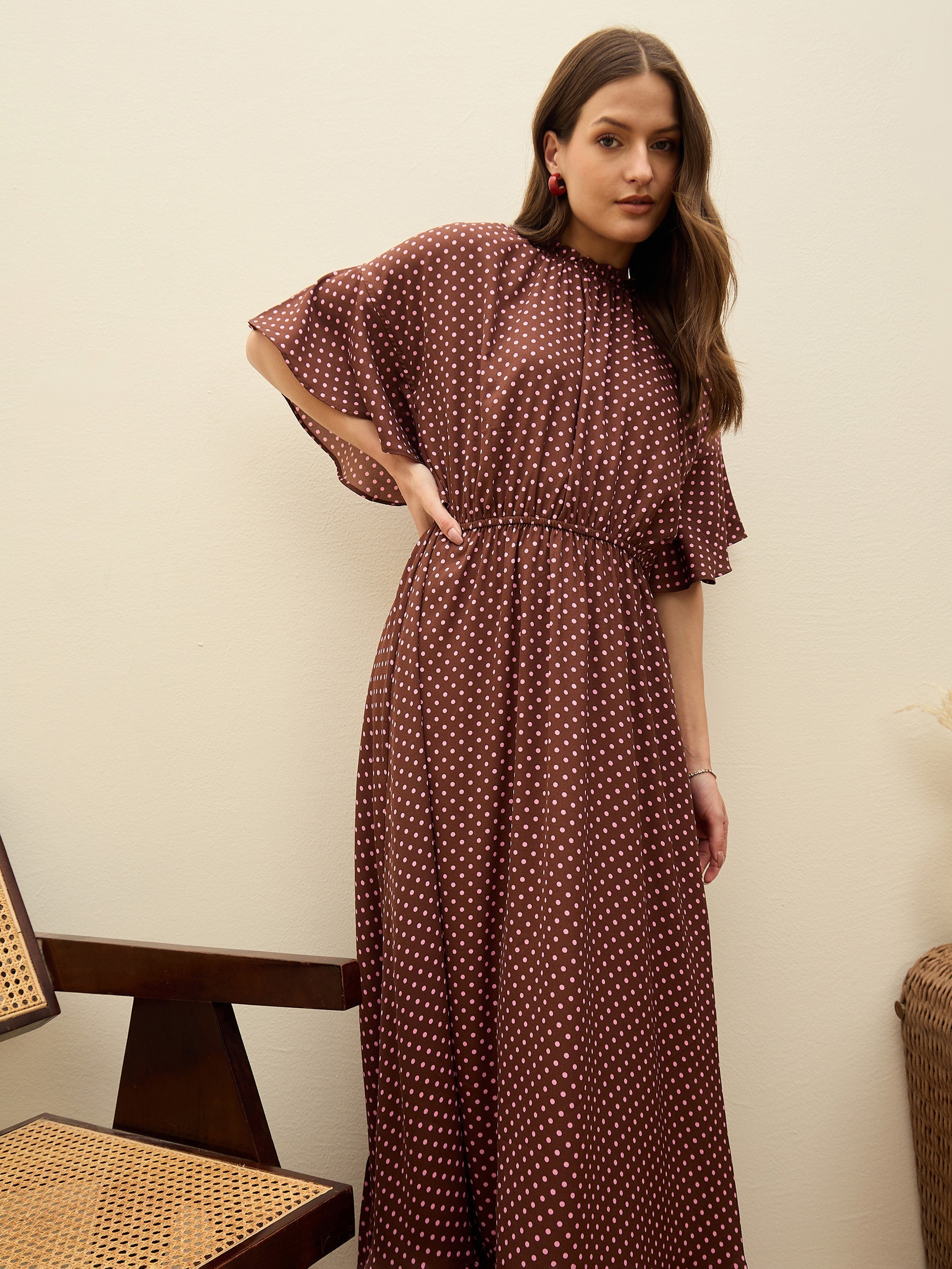 Women Brown Polka Dot Flared Hem Maxi Dress-SFDRSS13182