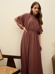 Women Brown Polka Dot Flared Hem Maxi Dress-SFDRSS13182