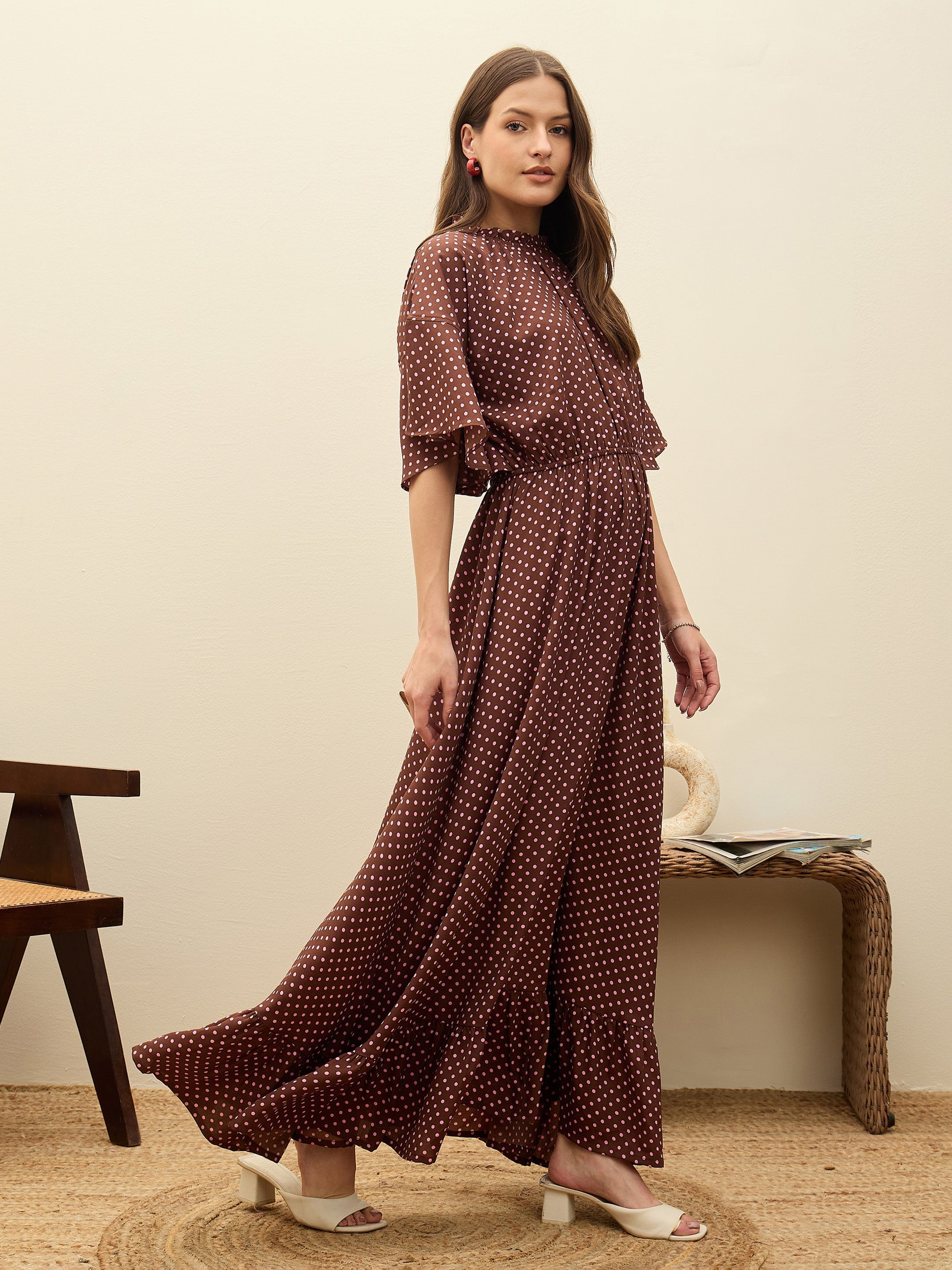 Women Brown Polka Dot Flared Hem Maxi Dress-SFDRSS13182