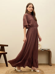 Women Brown Polka Dot Flared Hem Maxi Dress-SFDRSS13182