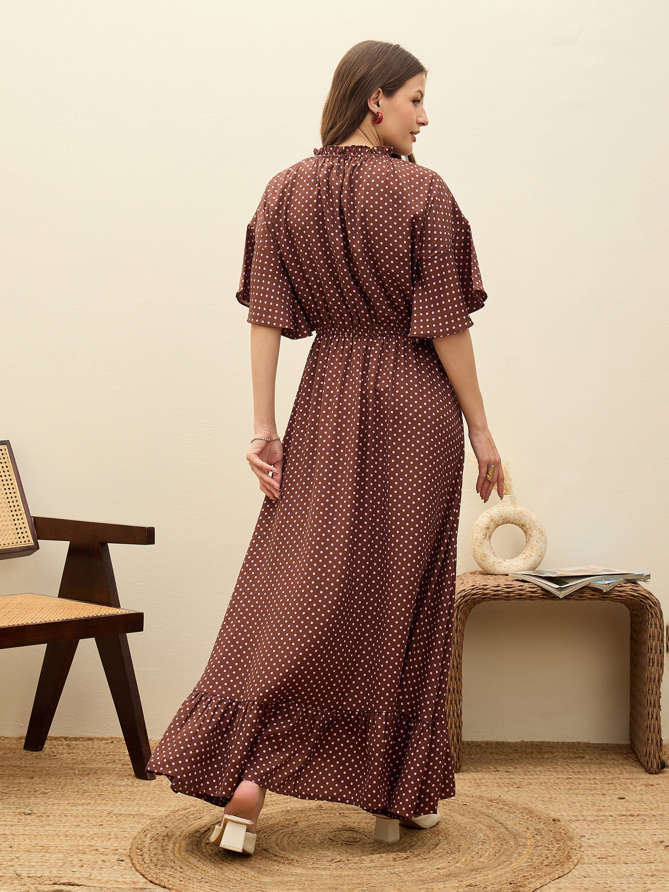 Women Brown Polka Dot Flared Hem Maxi Dress-SFDRSS13182