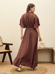 Women Brown Polka Dot Flared Hem Maxi Dress-SFDRSS13182