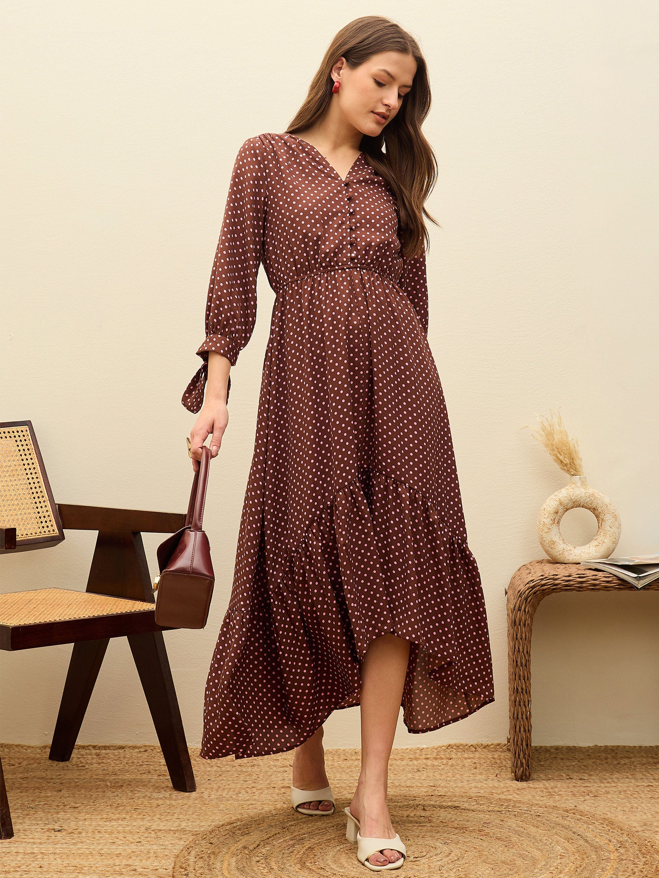 Women Brown Polka Dot Asymmetric Hem Maxi Dress-SFDRSS13183