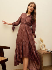Women Brown Polka Dot Asymmetric Hem Maxi Dress-SFDRSS13183