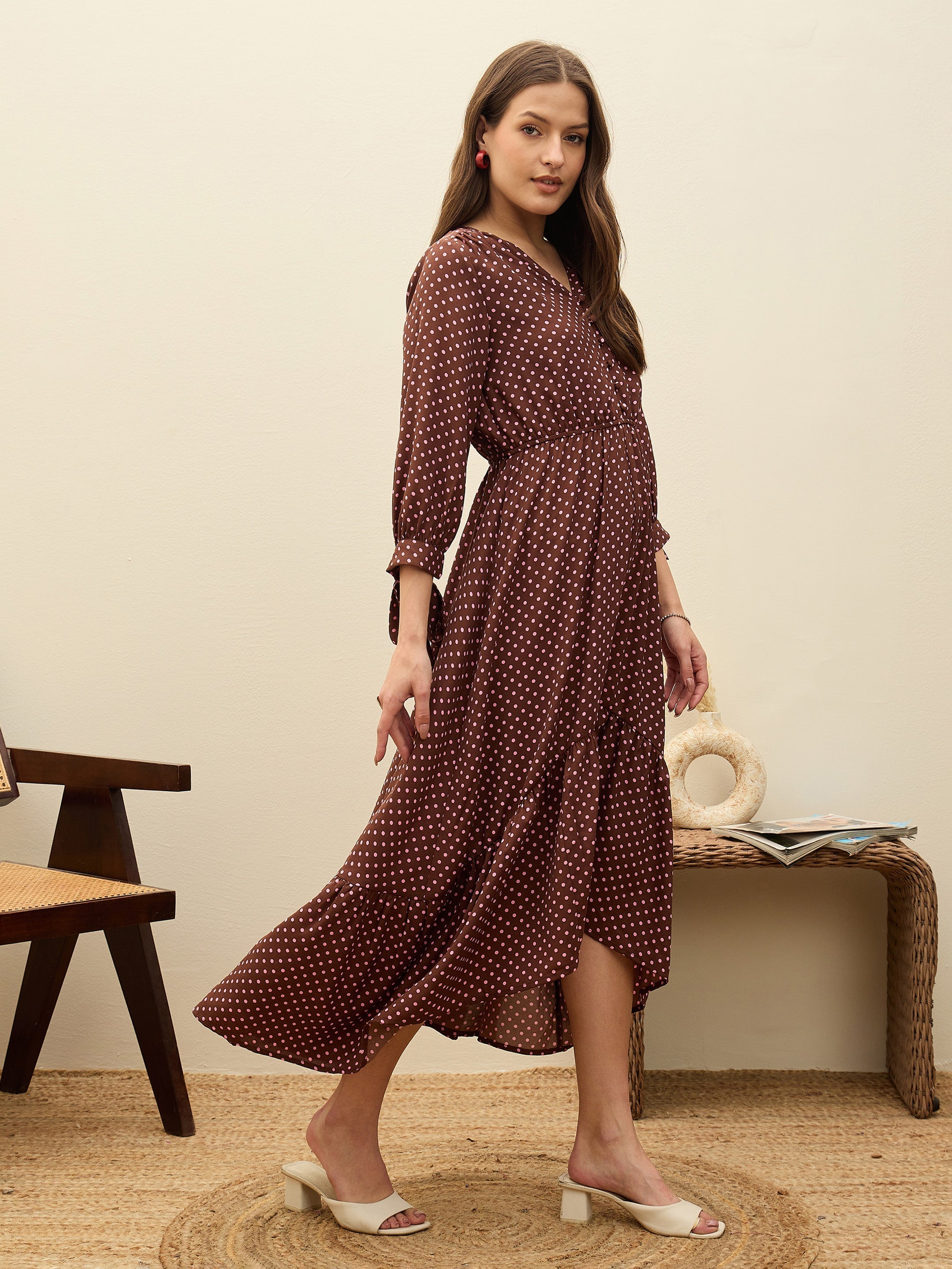 Women Brown Polka Dot Asymmetric Hem Maxi Dress-SFDRSS13183