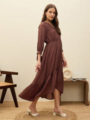 Women Brown Polka Dot Asymmetric Hem Maxi Dress-SFDRSS13183