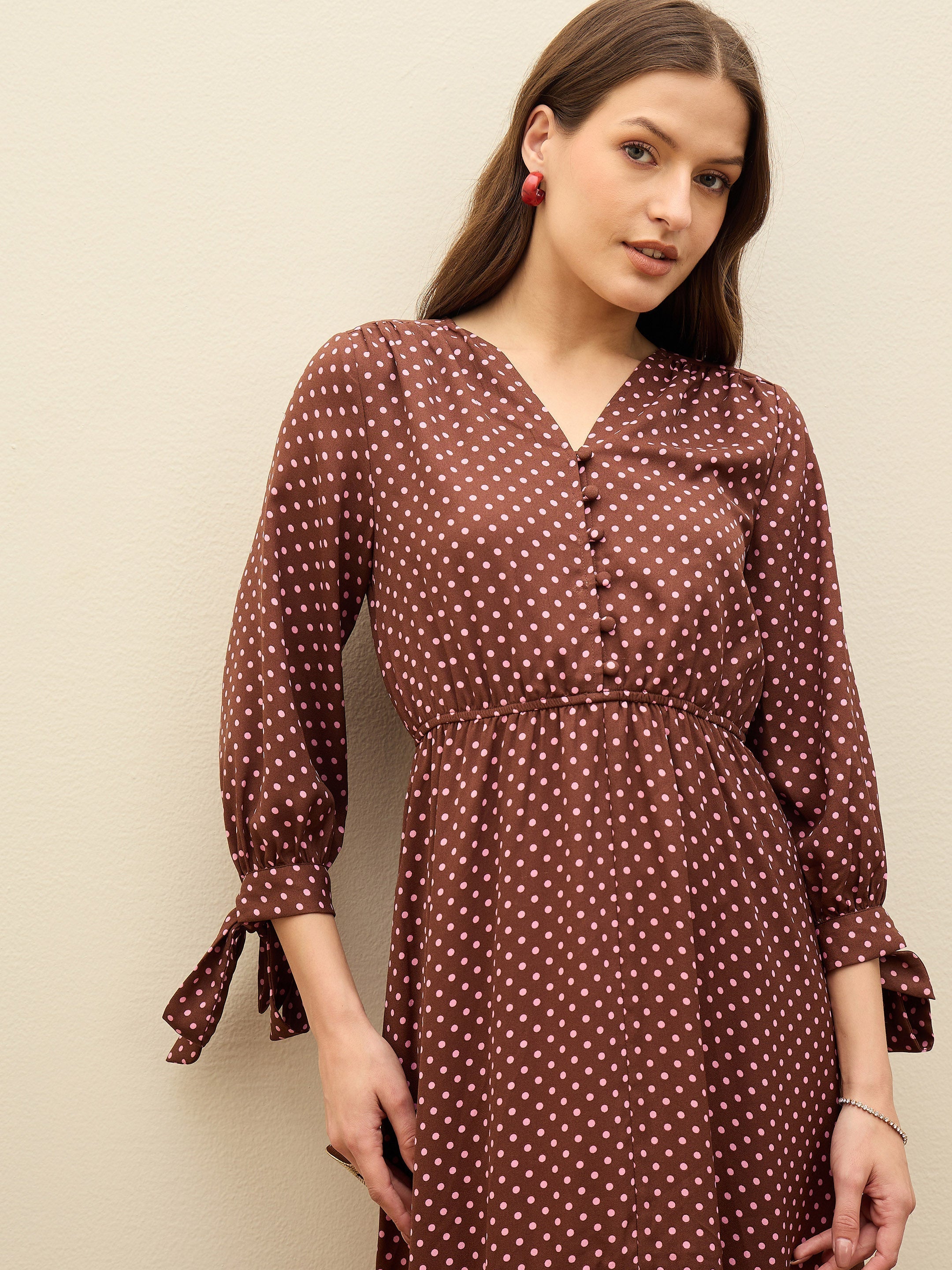 Women Brown Polka Dot Asymmetric Hem Maxi Dress-SFDRSS13183