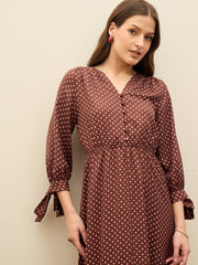 Women Brown Polka Dot Asymmetric Hem Maxi Dress-SFDRSS13183