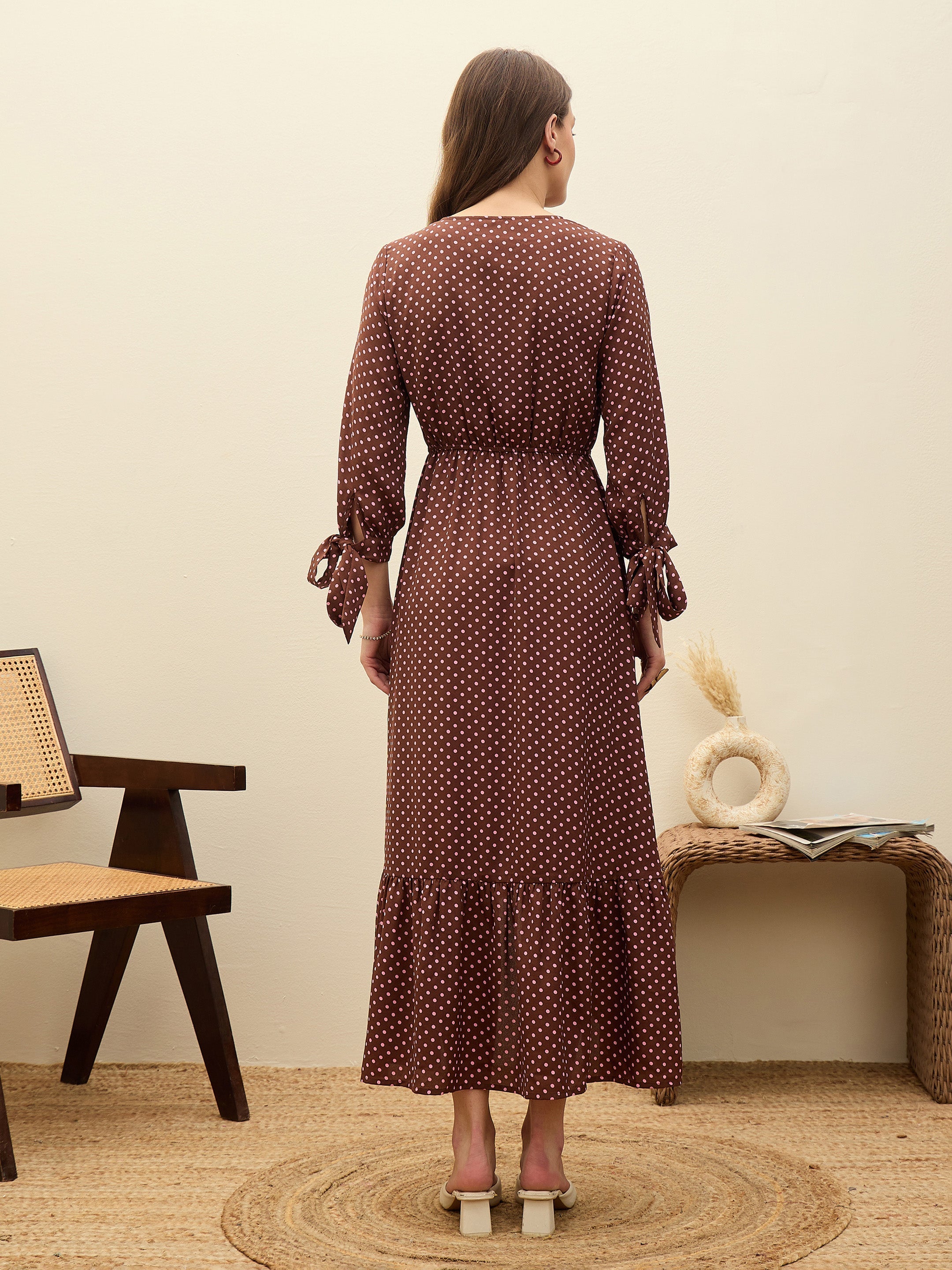 Women Brown Polka Dot Asymmetric Hem Maxi Dress-SFDRSS13183
