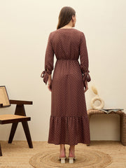 Women Brown Polka Dot Asymmetric Hem Maxi Dress-SFDRSS13183