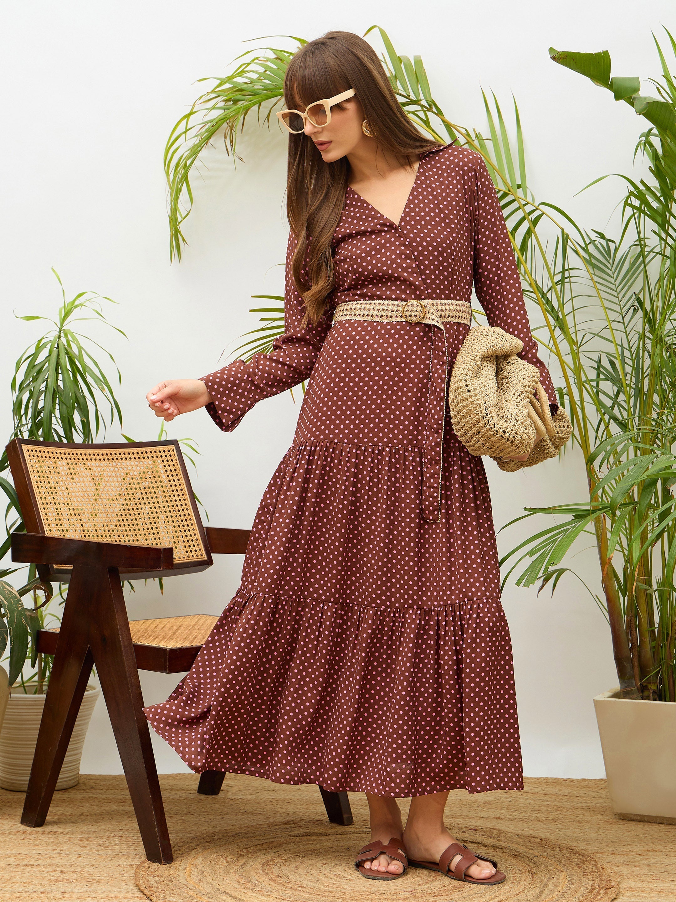 Women Brown Polka Dot Belted Tiered Maxi Dress-SFDRSS13184