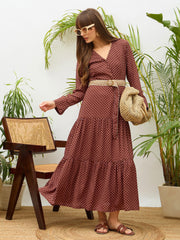 Women Brown Polka Dot Belted Tiered Maxi Dress-SFDRSS13184
