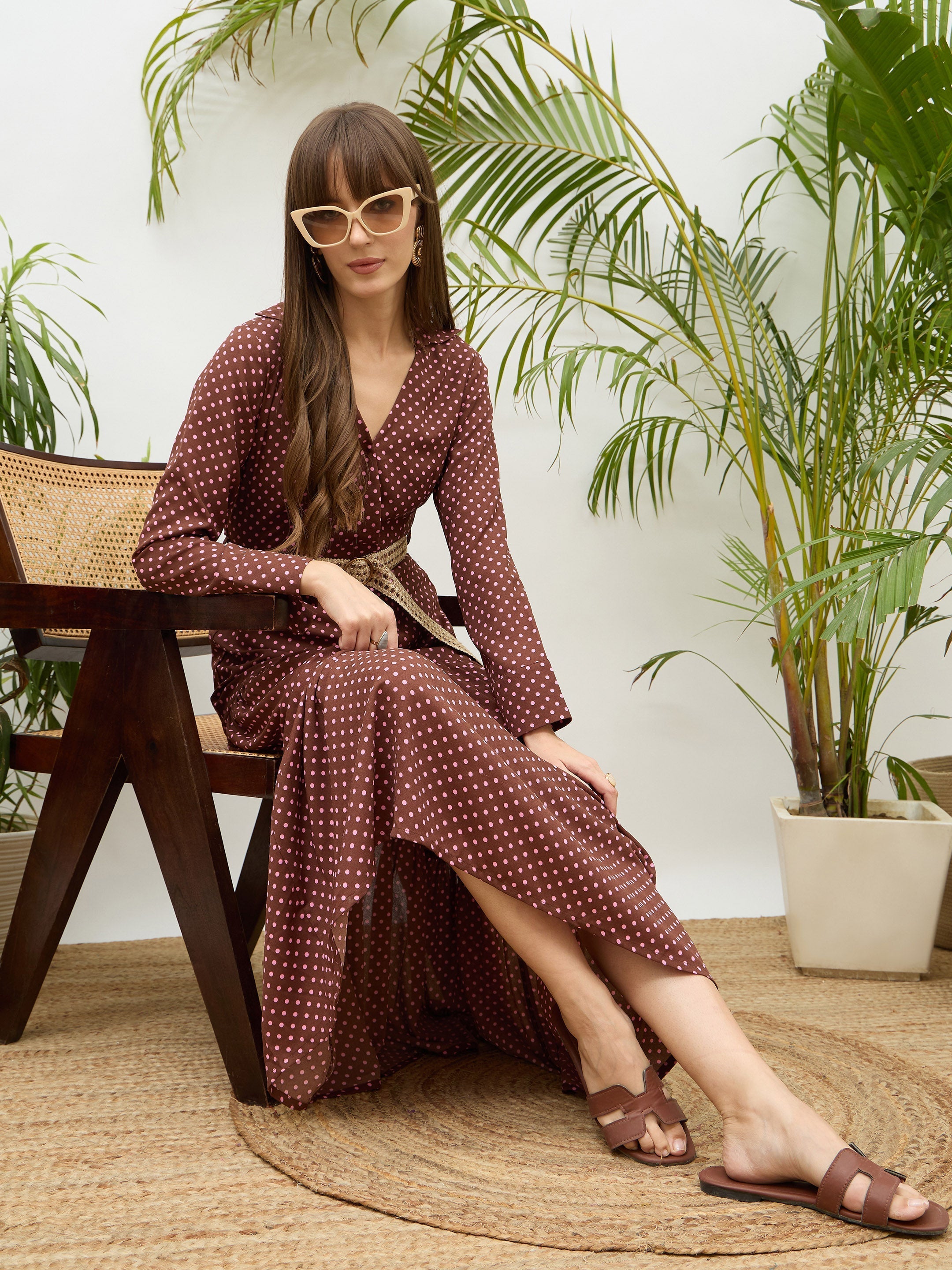 Women Brown Polka Dot Belted Tiered Maxi Dress-SFDRSS13184