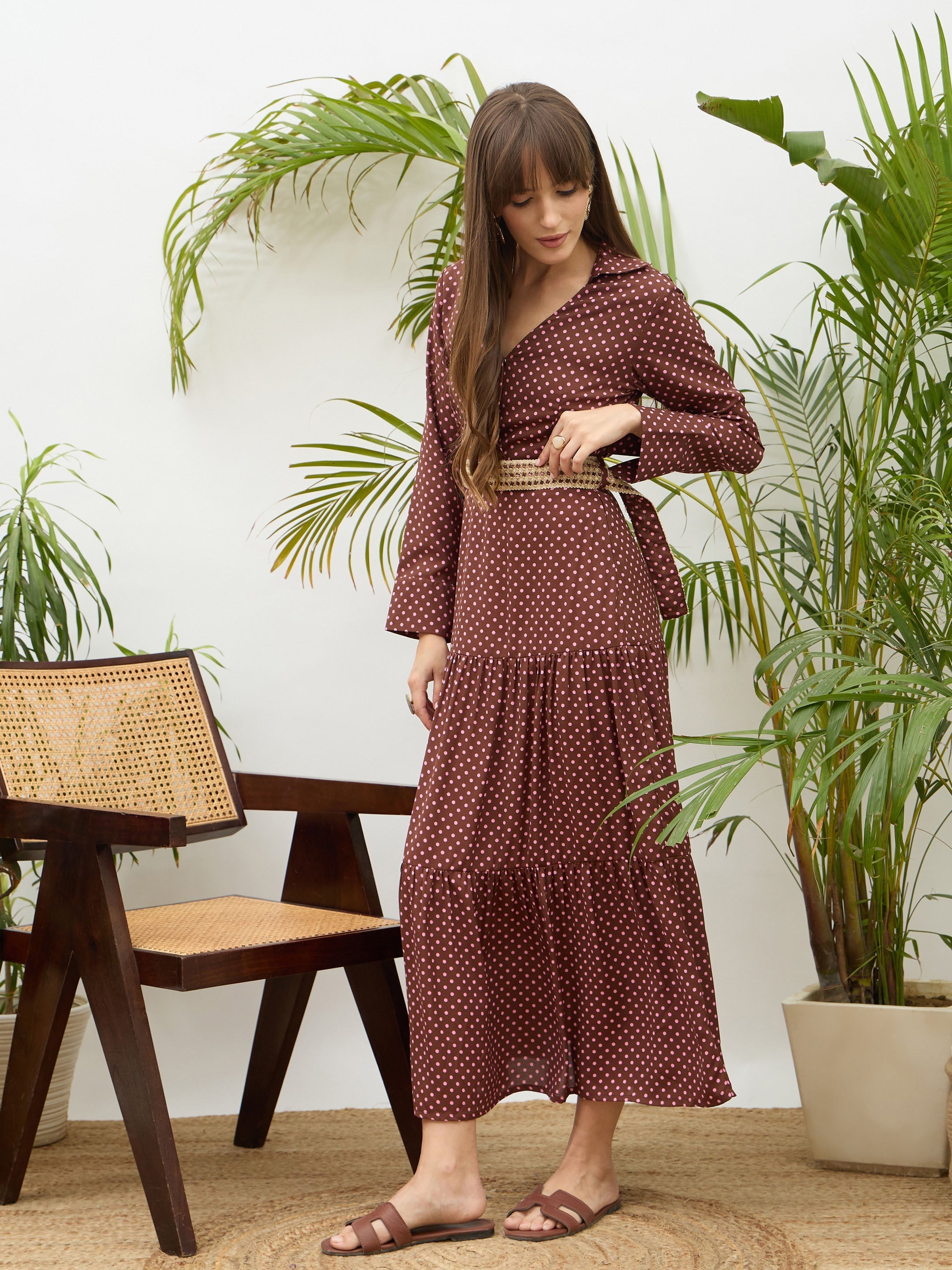 Women Brown Polka Dot Belted Tiered Maxi Dress-SFDRSS13184