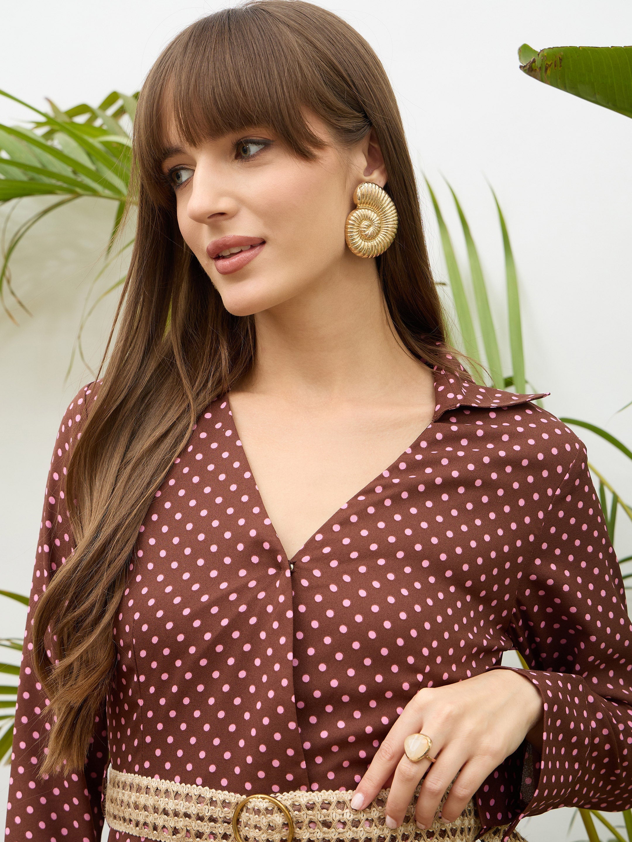 Women Brown Polka Dot Belted Tiered Maxi Dress-SFDRSS13184