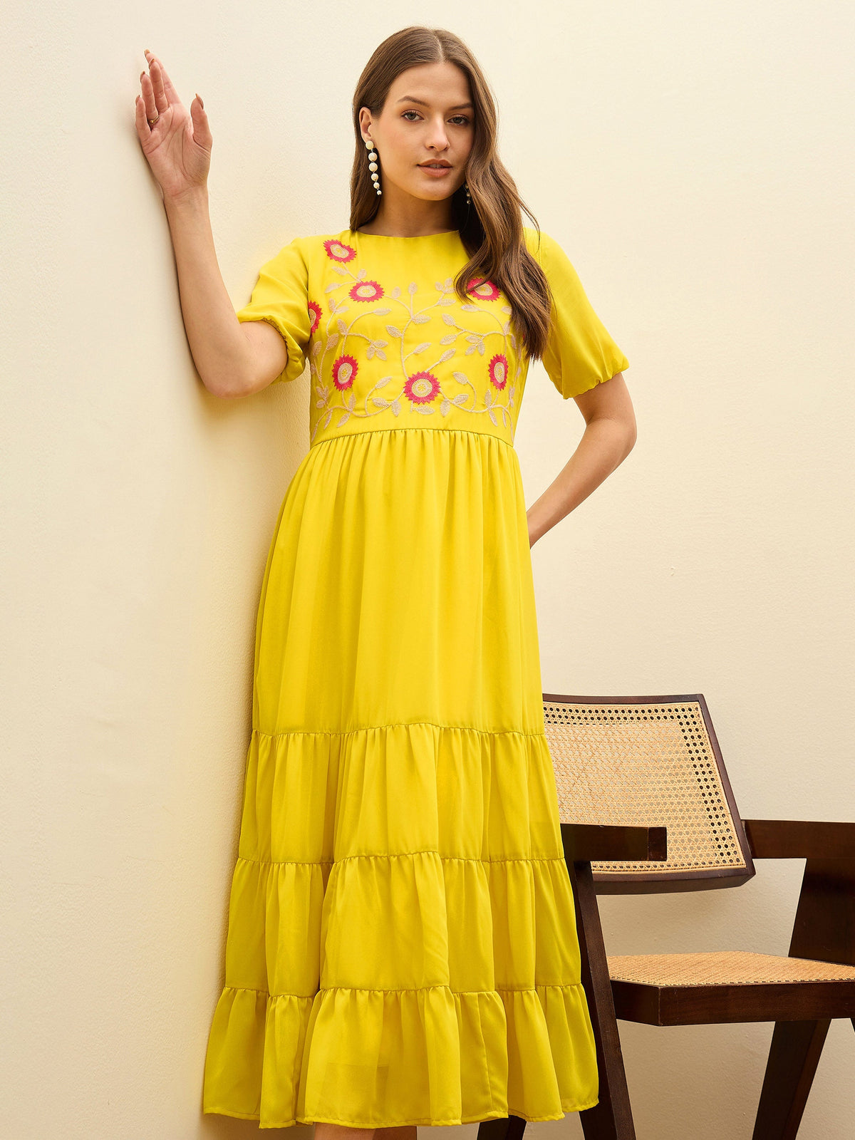 Women Yellow Solid Tiered Maxi Dress-SFDRSS13185