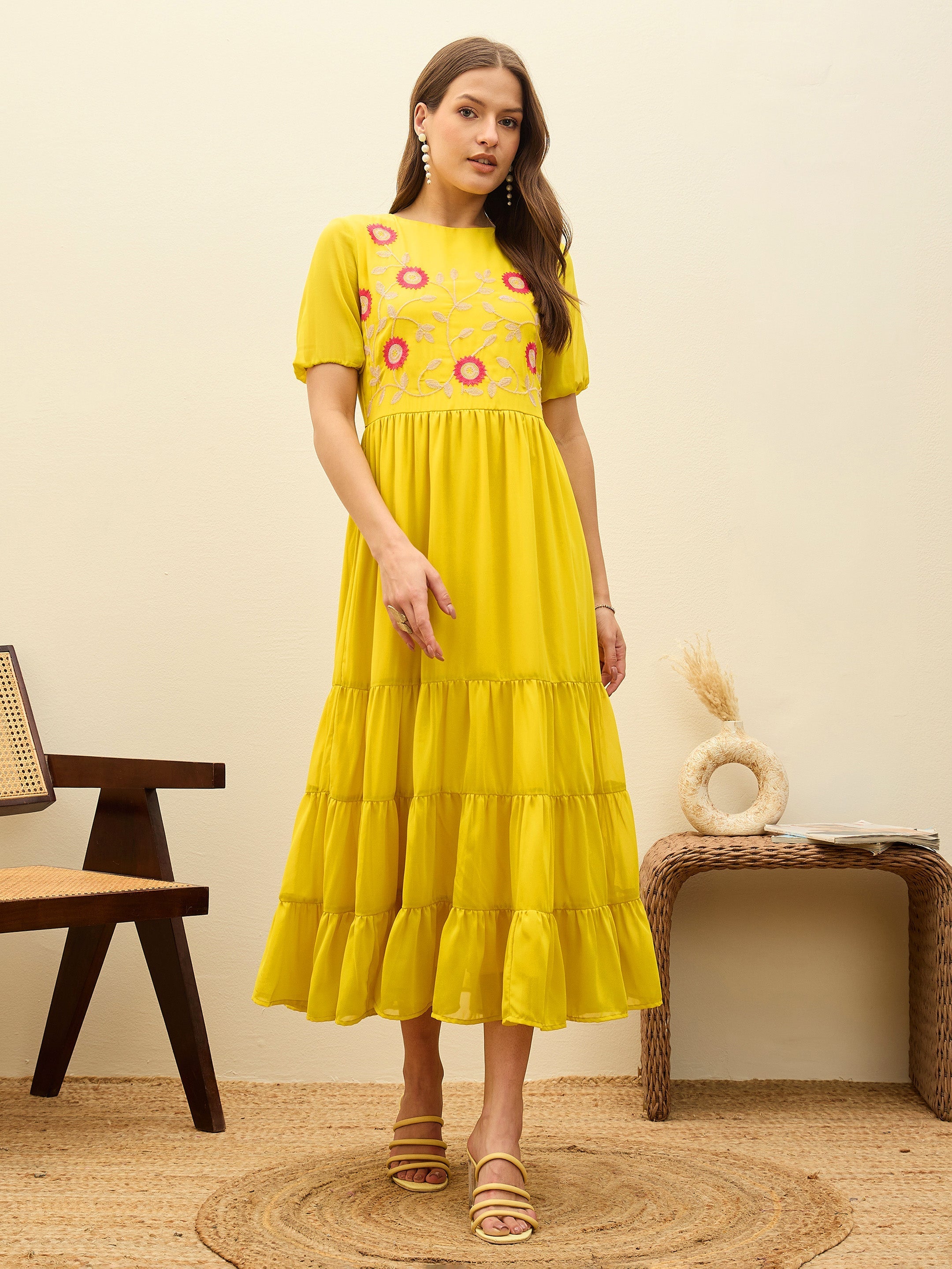 Women Yellow Solid Tiered Maxi Dress-SFDRSS13185