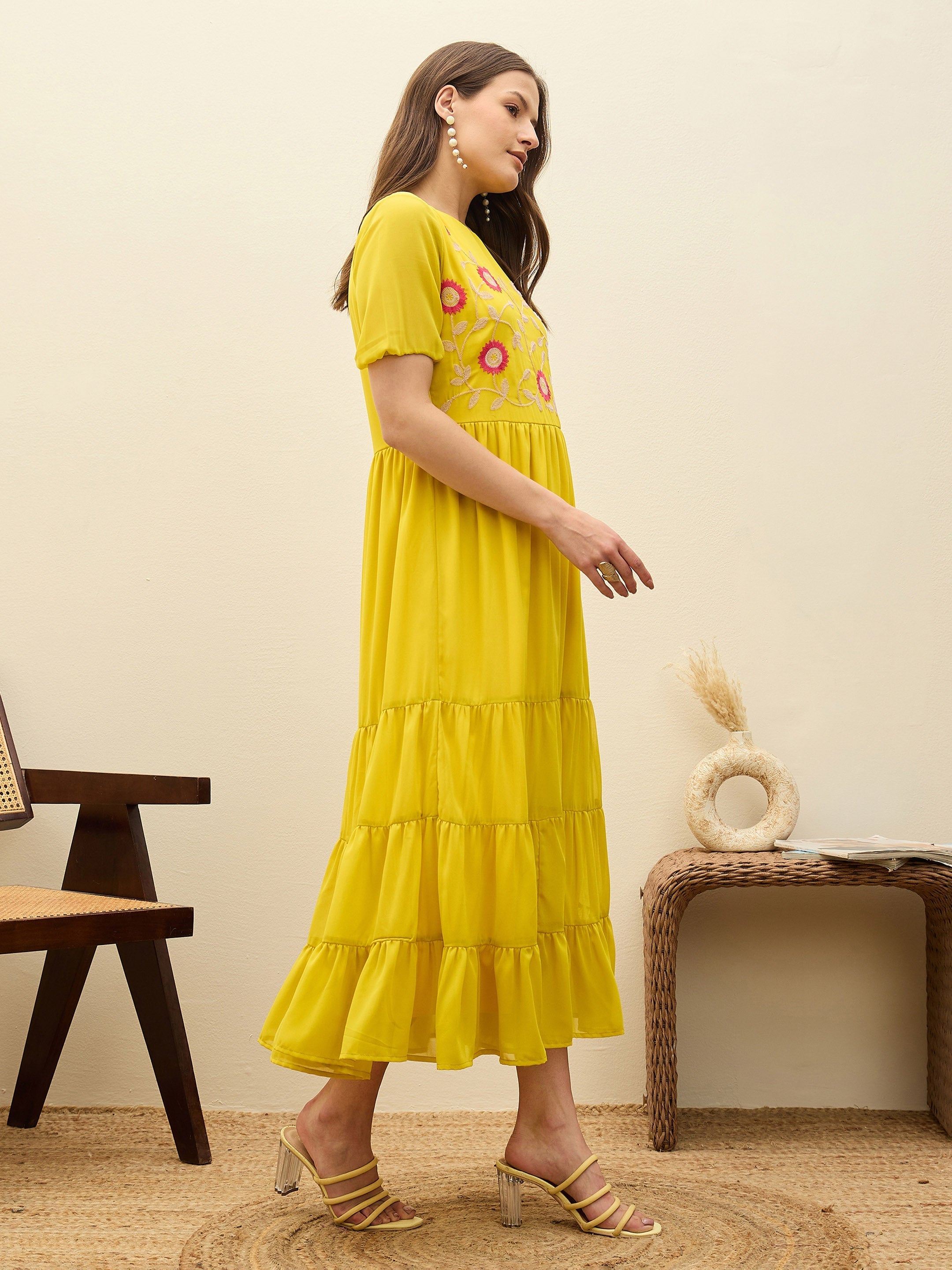 Women Yellow Solid Tiered Maxi Dress-SFDRSS13185
