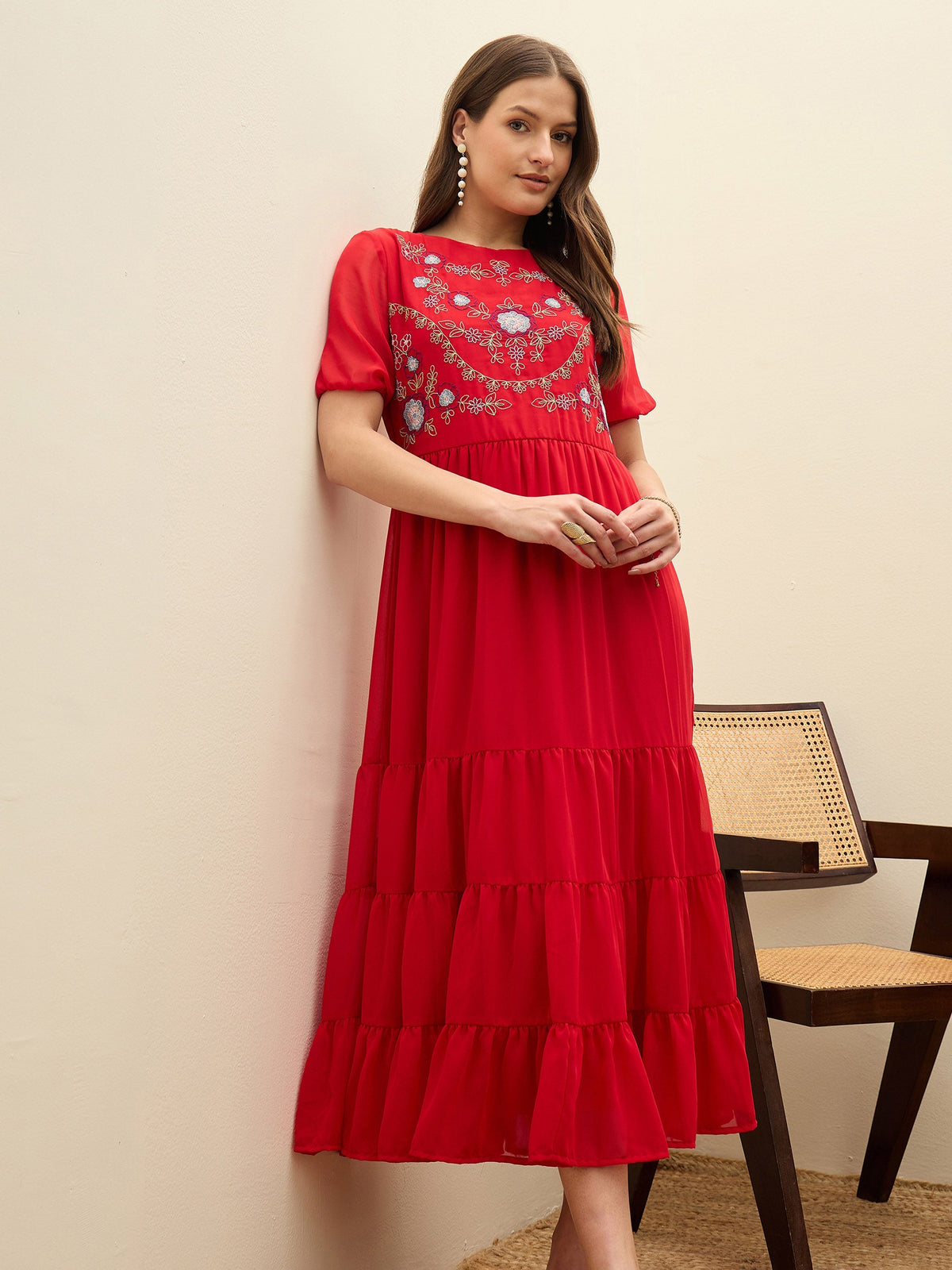 Women Red Solid Tiered Maxi Dress-SFDRSS13186