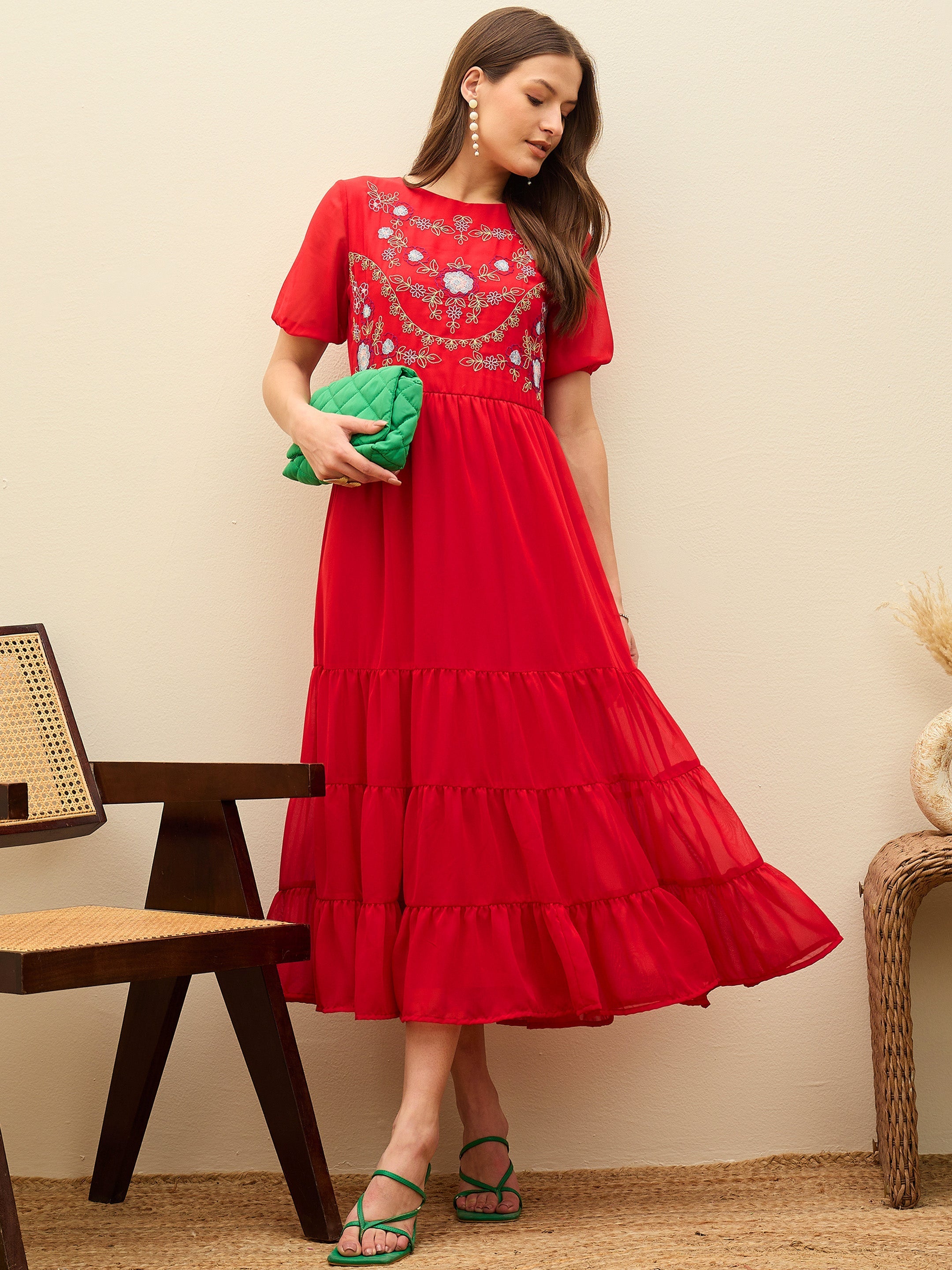 Women Red Solid Tiered Maxi Dress-SFDRSS13186