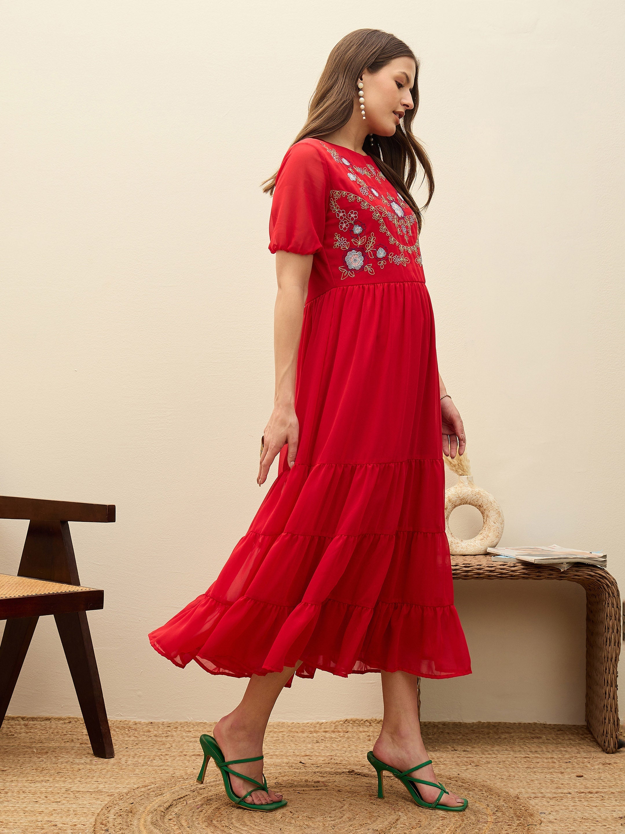 Women Red Solid Tiered Maxi Dress-SFDRSS13186