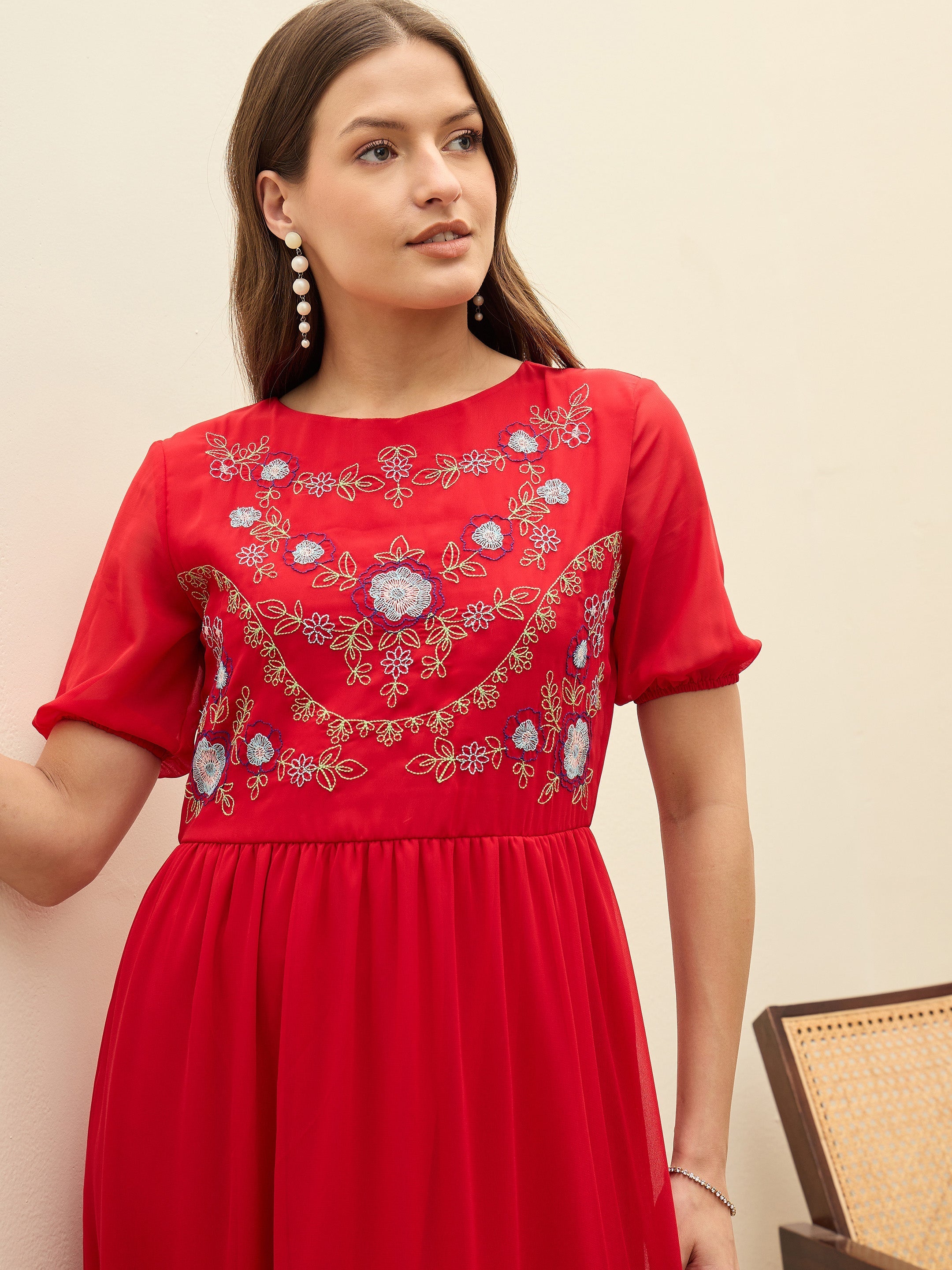 Women Red Solid Tiered Maxi Dress-SFDRSS13186