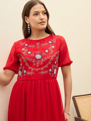 Women Red Solid Tiered Maxi Dress-SFDRSS13186