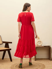 Women Red Solid Tiered Maxi Dress-SFDRSS13186
