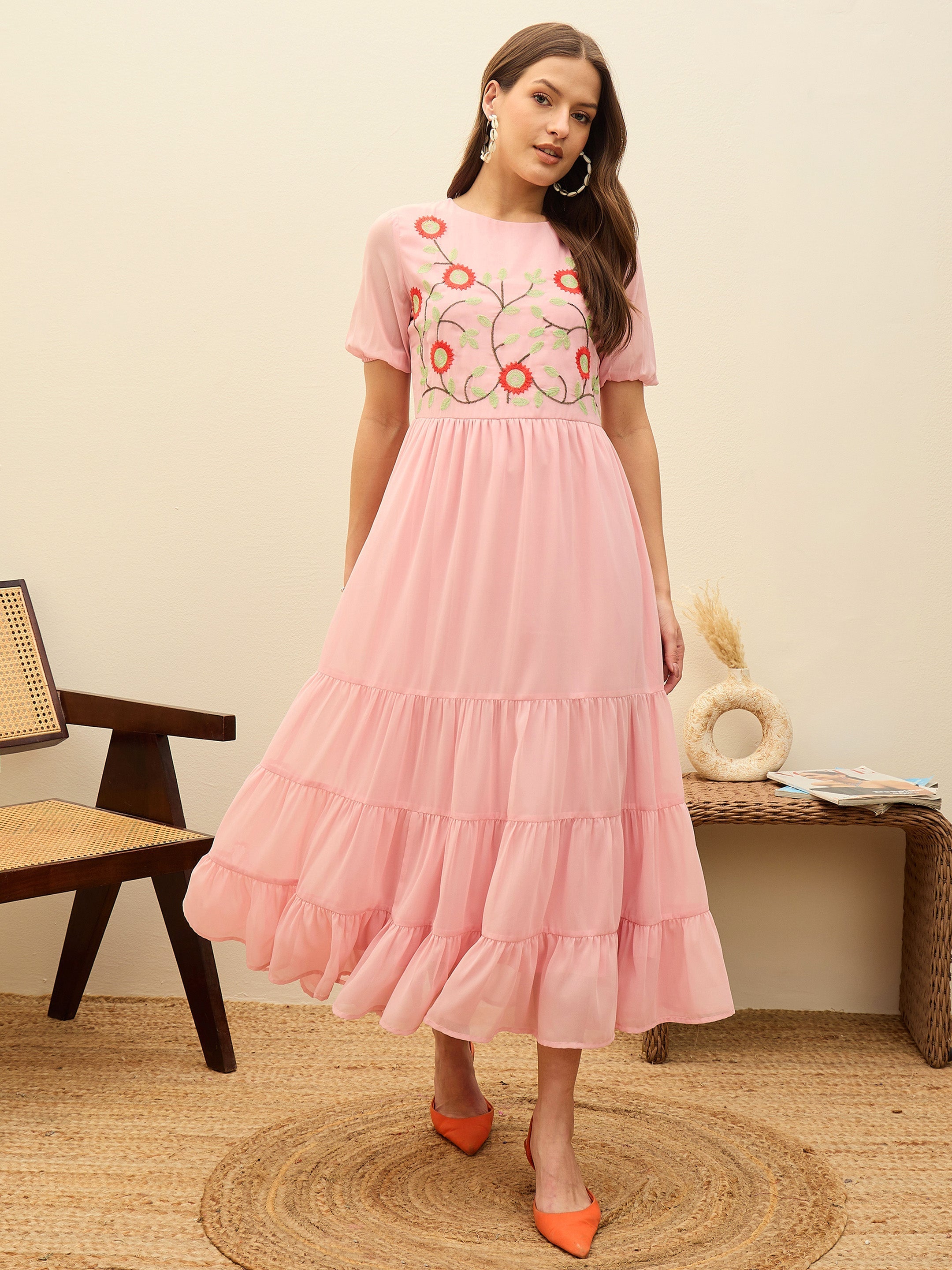 Women Pink Solid Tiered Maxi Dress-SFDRSS13187