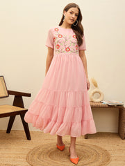 Women Pink Solid Tiered Maxi Dress-SFDRSS13187