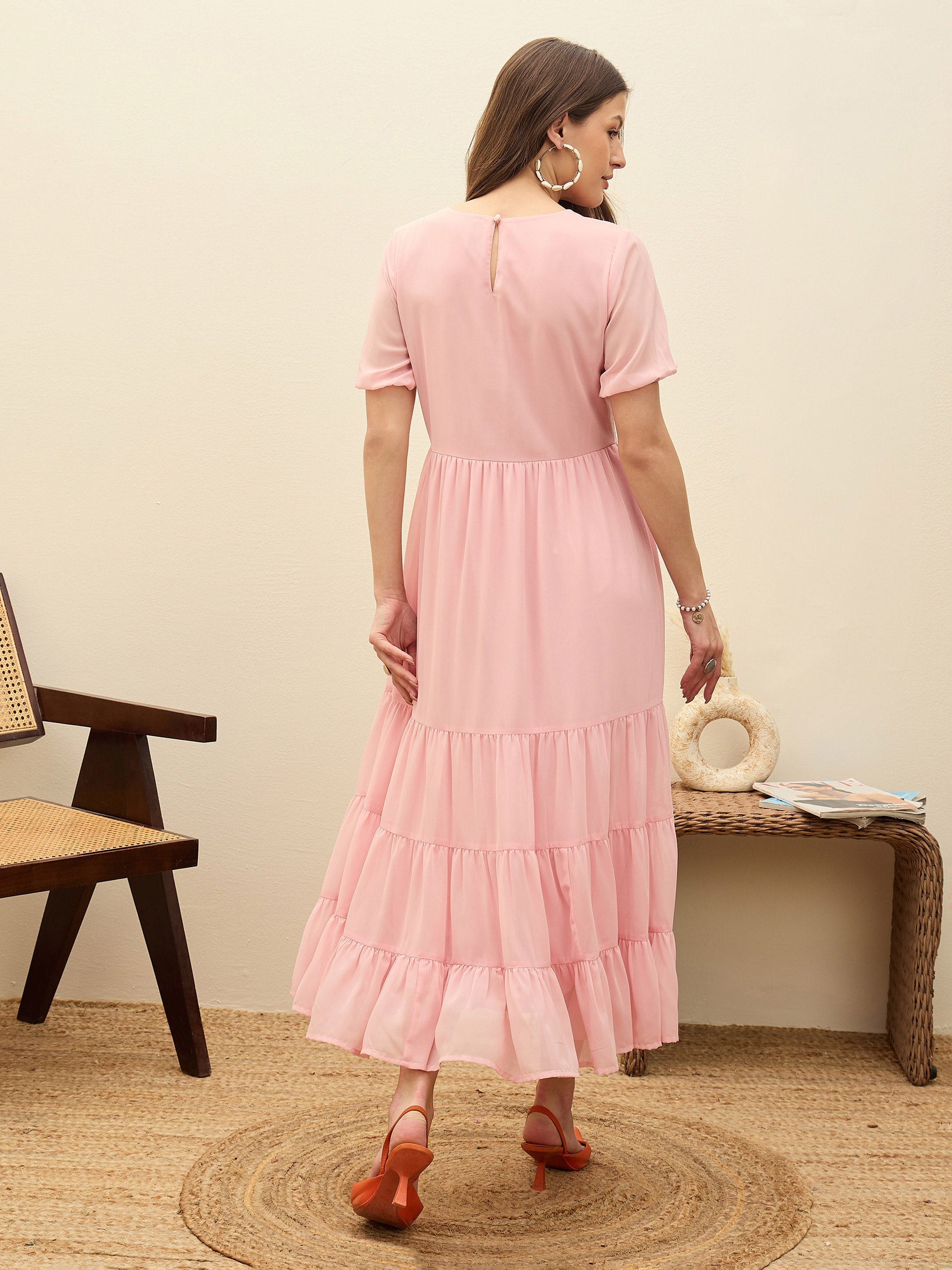 Women Pink Solid Tiered Maxi Dress-SFDRSS13187