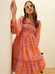 Women Orange Floral Square Neck Midi Dress-SFDRSS13188