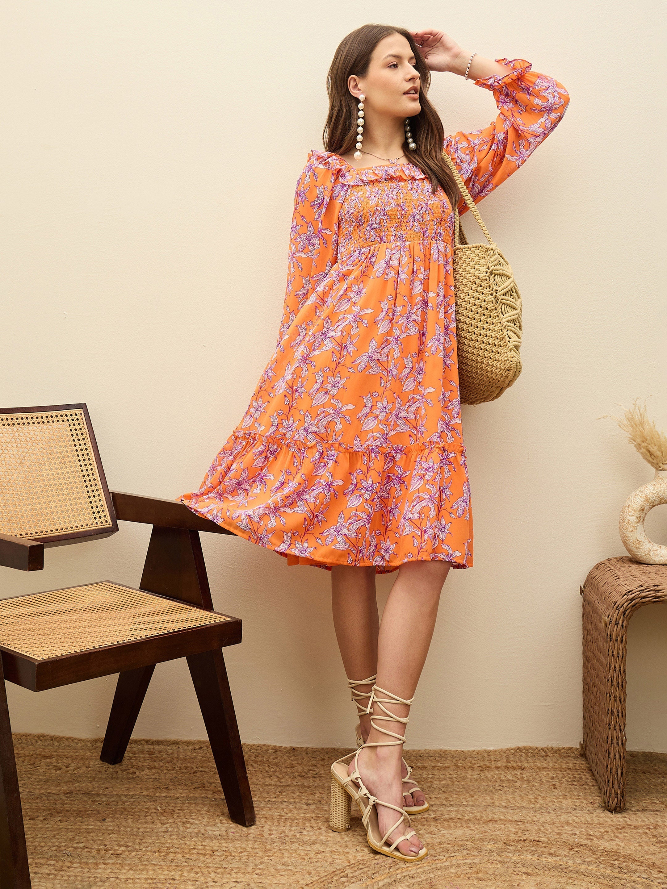 Women Orange Floral Square Neck Midi Dress-SFDRSS13188