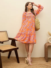 Women Orange Floral Square Neck Midi Dress-SFDRSS13188