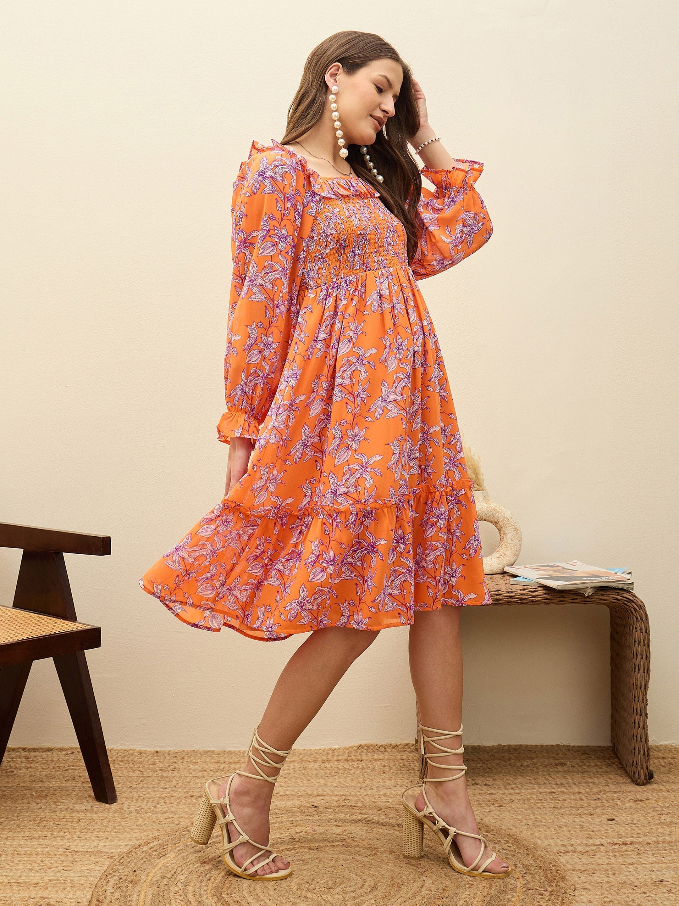Women Orange Floral Square Neck Midi Dress-SFDRSS13188