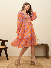 Women Orange Floral Square Neck Midi Dress-SFDRSS13188