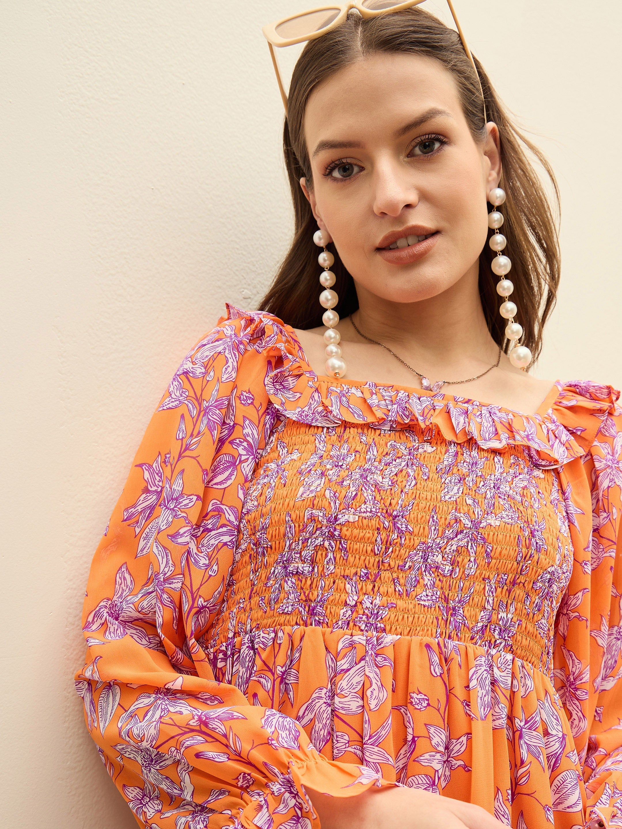 Women Orange Floral Square Neck Midi Dress-SFDRSS13188