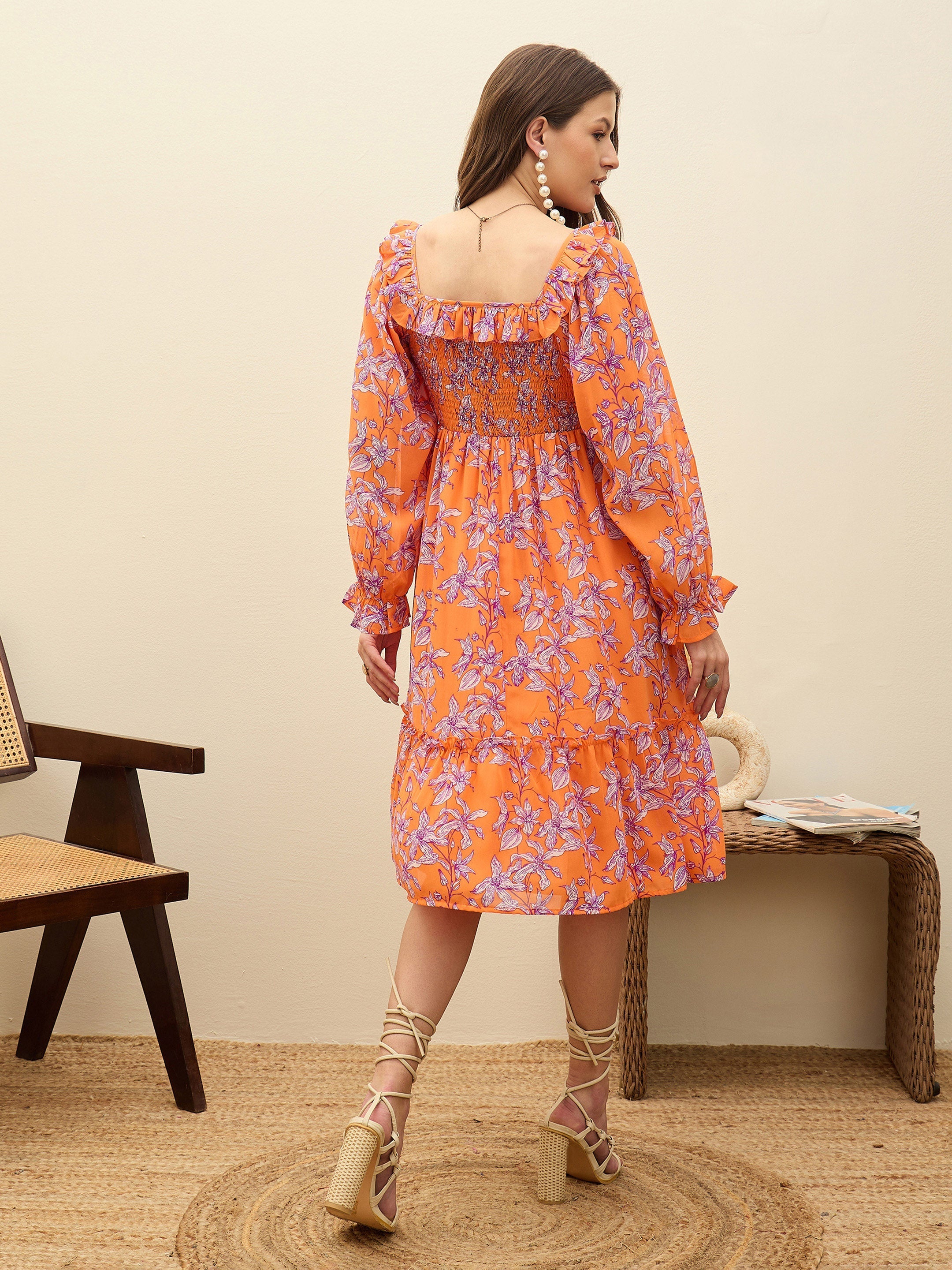 Women Orange Floral Square Neck Midi Dress-SFDRSS13188
