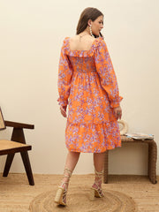 Women Orange Floral Square Neck Midi Dress-SFDRSS13188